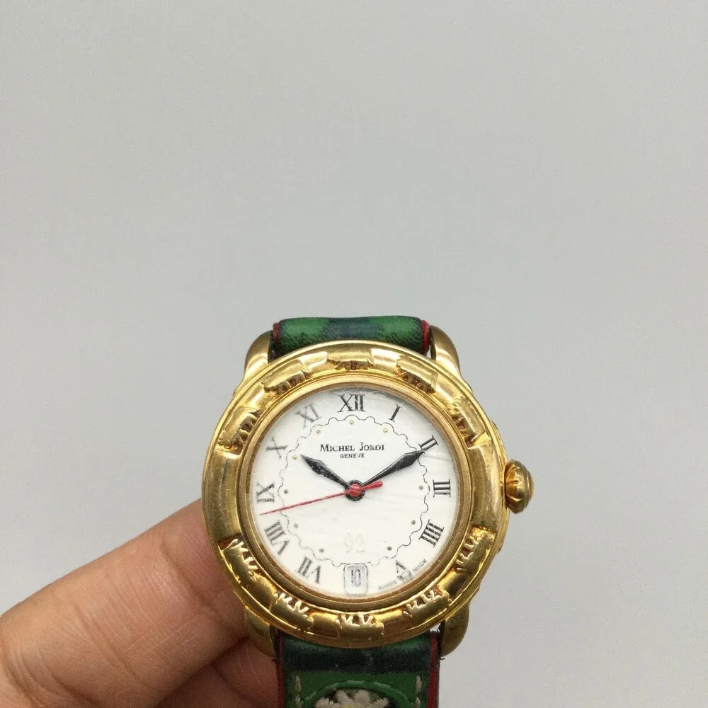Michel Jordi 1991 Womens Watch 33mm Gold Tone Green Floral Strap New Battery